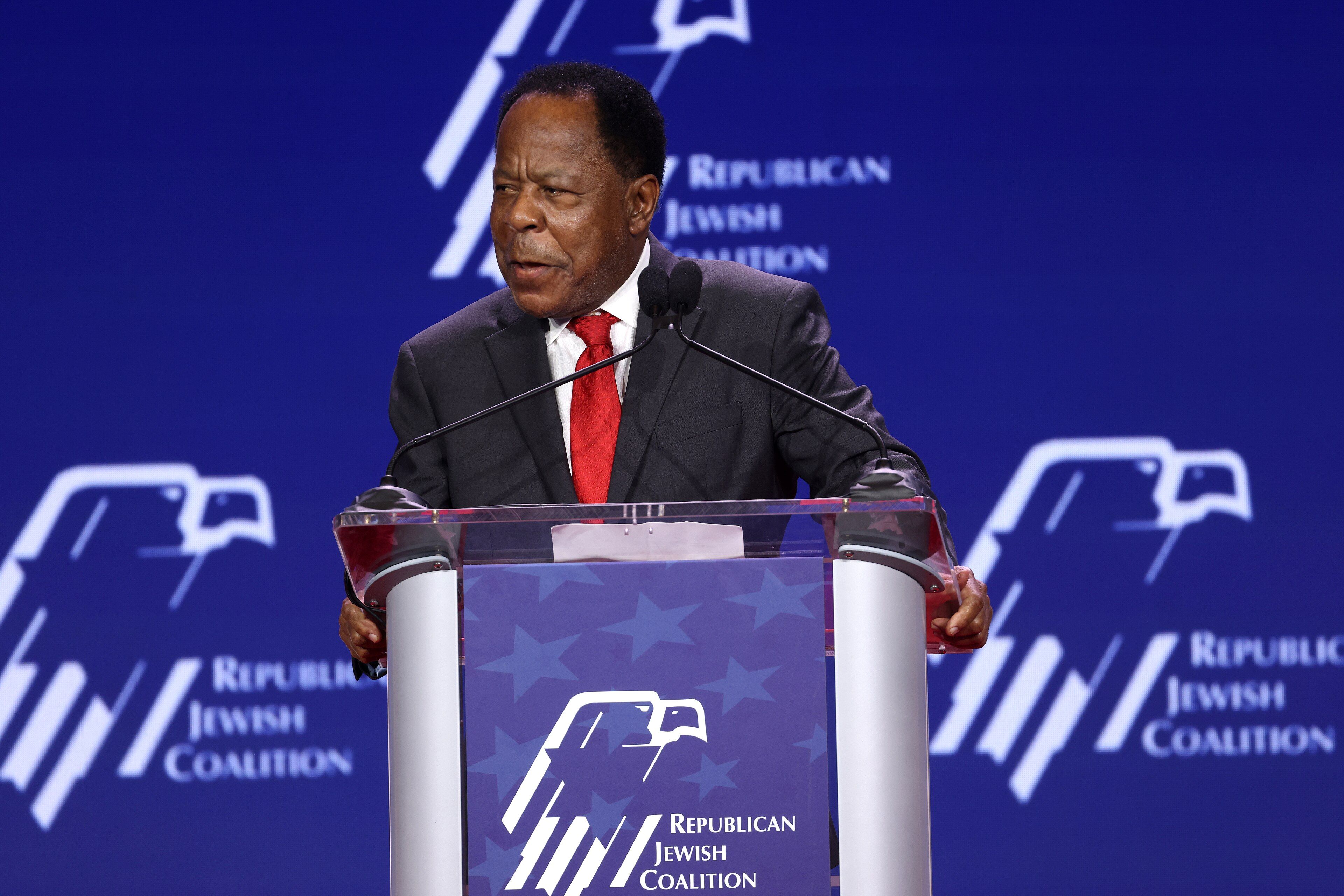 Leo J. Terrell speaking at the Republican Jewish Coalition summit in Las Vegas.